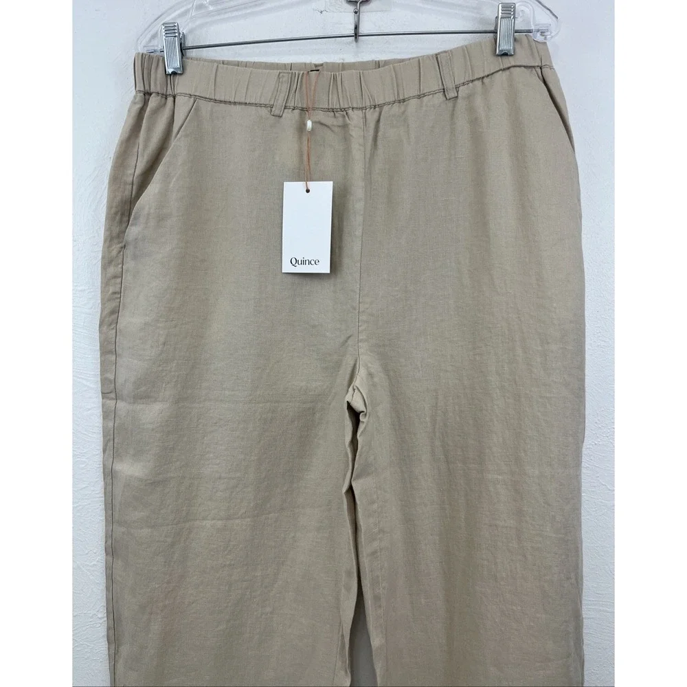 Quince Women's 100% European Linen Crop Pants NWT Size L Beige Pull On 3 Pocket